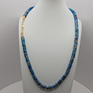 Blue Fossil Coral and Gold Bead Necklace